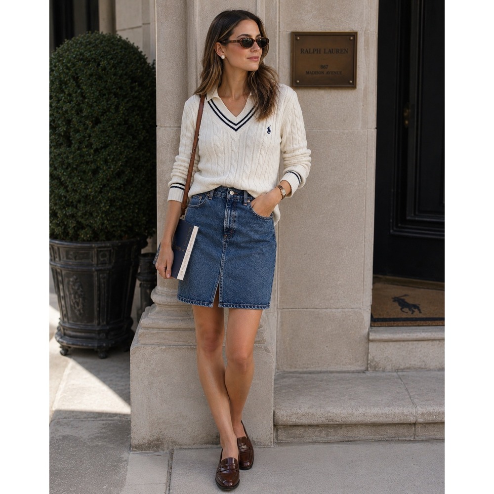 Polo Jeans Co Ralph Lauren Womens Blue Denim Knee Skirt Size 14 Medium Wash 90s